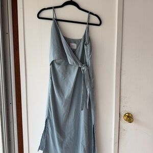 J.O.A. Fall In Love Powder Blue Satin Midi Wrap Dress